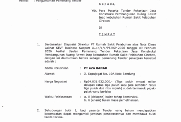 PENGUMUMAN PEMENANG TENDER PEKERJAAN JASA KONSTRUKSI PEMBANGUNAN RUANG RAWAT INAP KEBUTUHAN RUMAH SAKIT PELABUHAN CIREBON